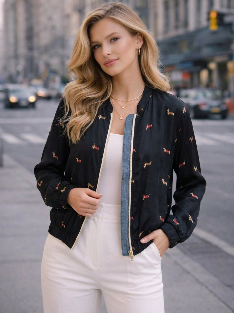 БОМБЕР MYDRESS — принт таксы, 3 цвета: зелёный, чёрный, бежевый