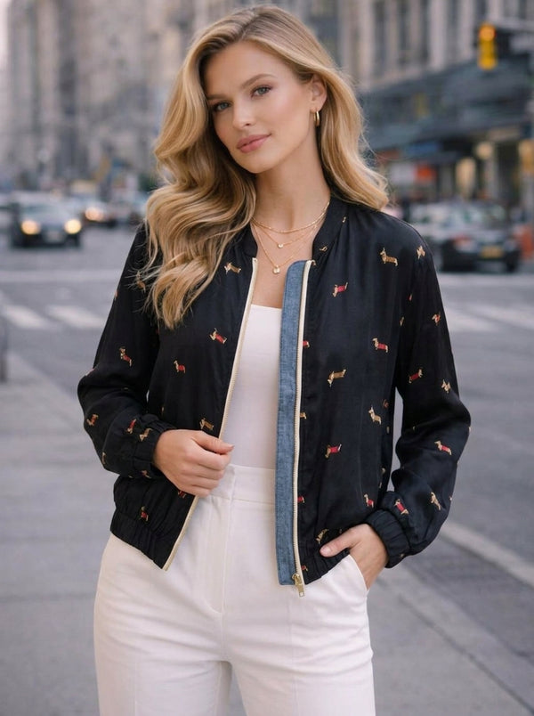 БОМБЕР MYDRESS — принт таксы, 3 цвета: зелёный, чёрный, бежевый