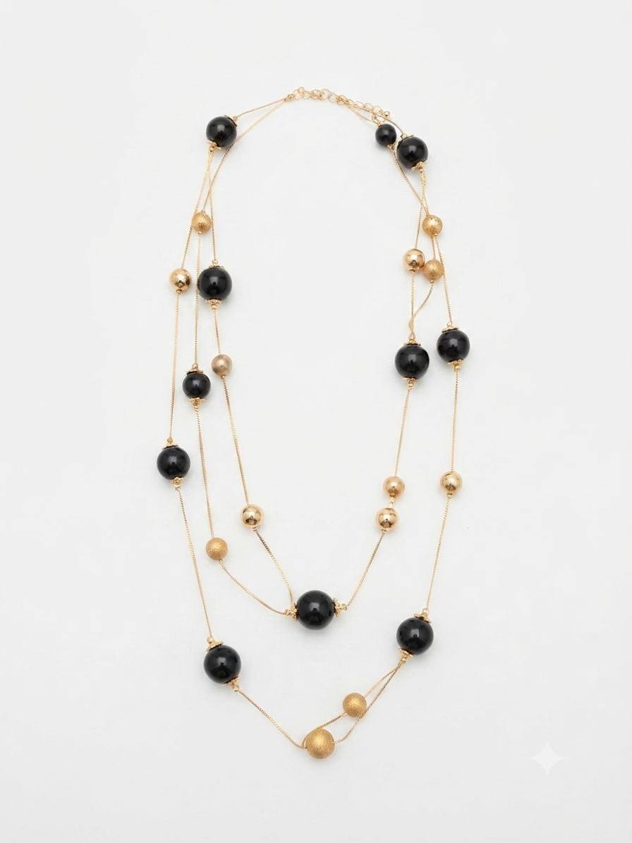 Длинное ожерелье с черными и золотыми бусинами "Black & Gold Elegance